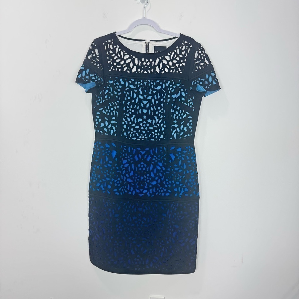 Shani Collection Blue Ombré Colorblock Laser-Cut Sheath Dress Size 12 - Picture 3 of 15